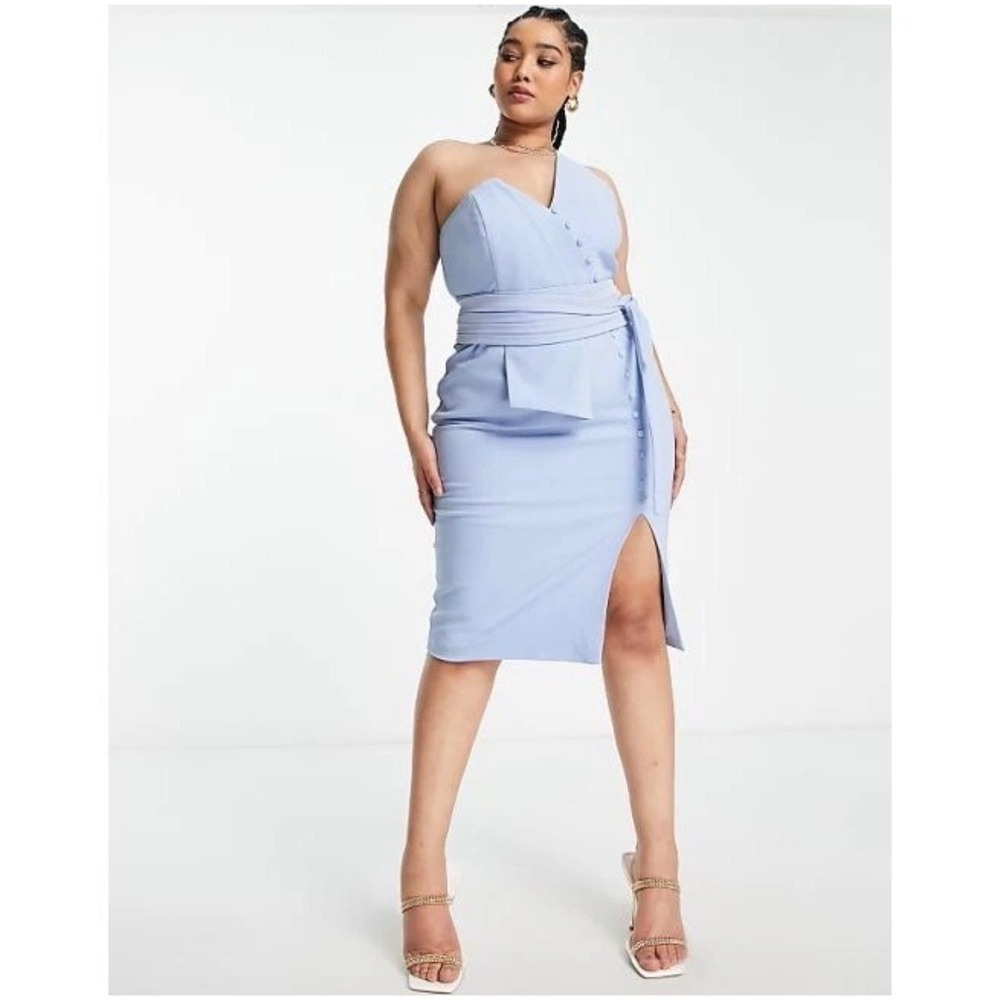 NWT Lavish Alice Baby Blue One Shoulder Midi Dress with Waist Tie - Picture 2 of 14